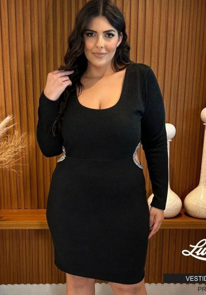 Vestido Plus Size Manga Longa 11382 Preto - 48