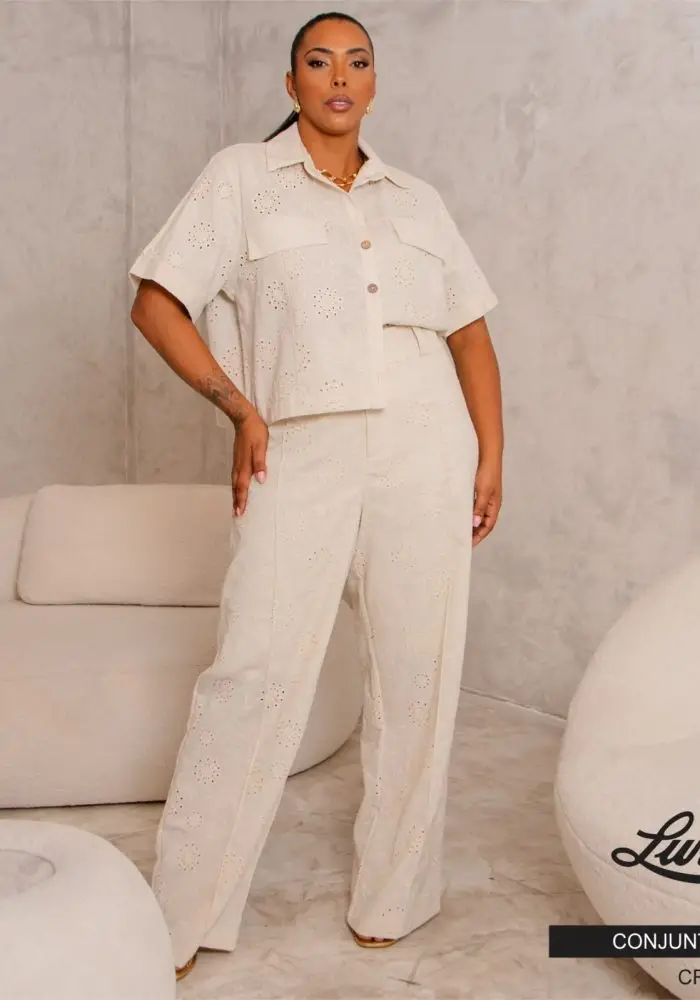 Conjunto Feminino Plus Size Cropped + Calça 11950 Bege - 50