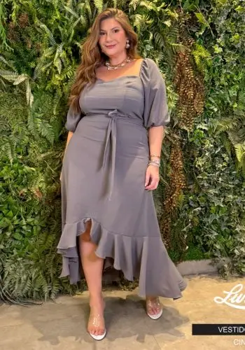 Vestido Mid Plus Size Manga Curta 12003 Cinza