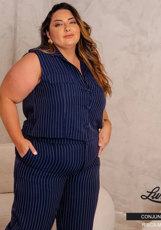 Conjunto Feminino Plus Size Regata + Calça 12011 Risca Marinho - 46