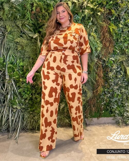 Conjunto Feminino Plus Size Blusa Manga Curta + Calça 12051 Bege Ferrugem