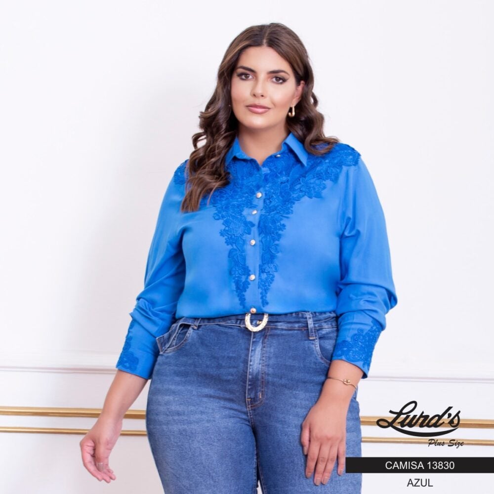 Alternative view of Camisa Feminina Plus Size Manga Longa 13830 Azul