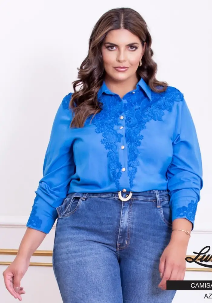 Camisa Feminina Plus Size Manga Longa 13830 Azul - 52