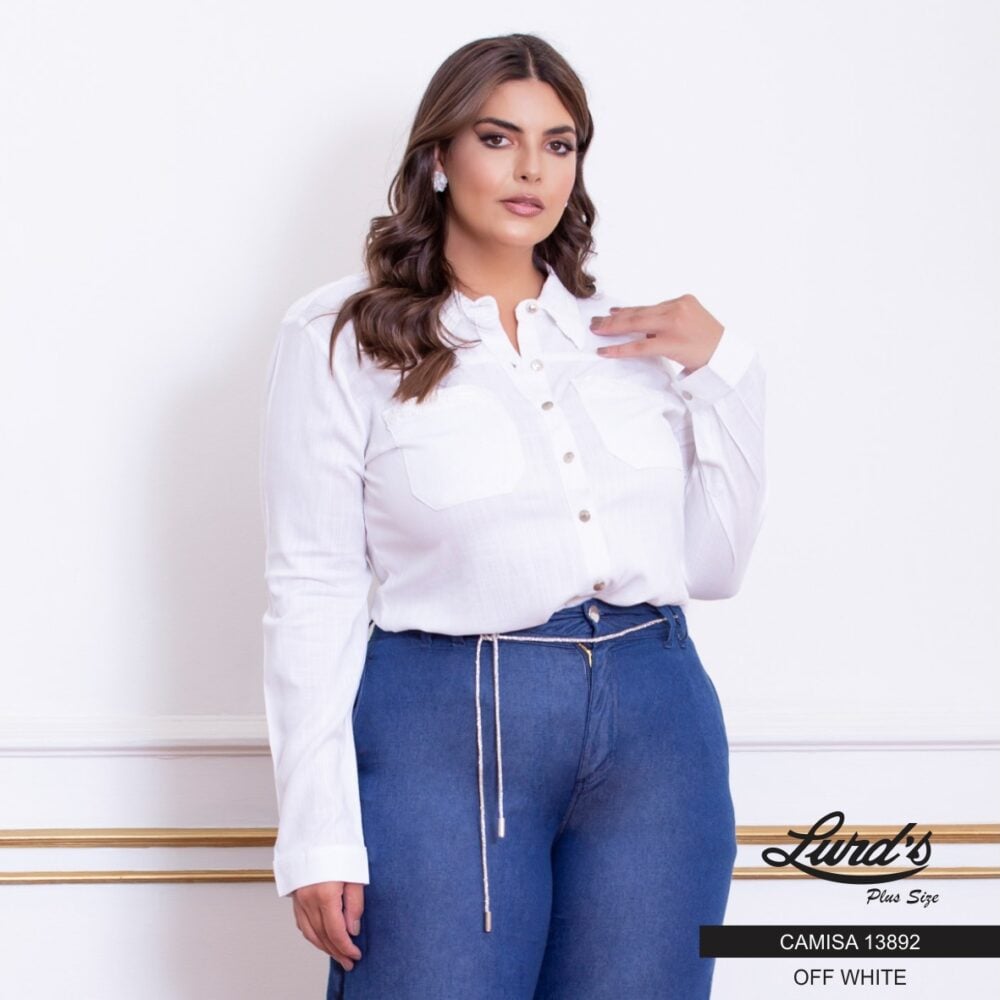 Camisa Feminina Plus Size Manga Longa 13892 Off White - 54