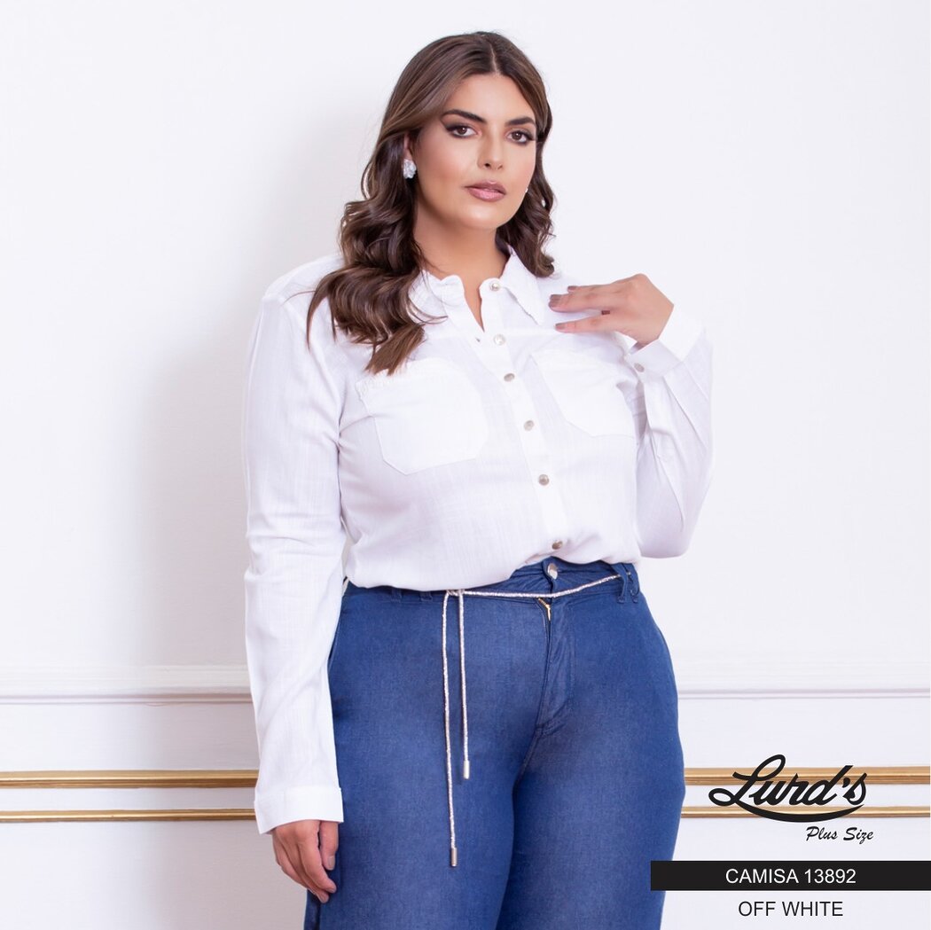 Camisa Feminina Plus Size Manga Longa 13892 Off White - 54