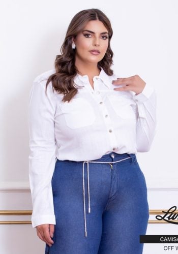 Camisa Feminina Plus Size Manga Longa 13892 Off White - 46