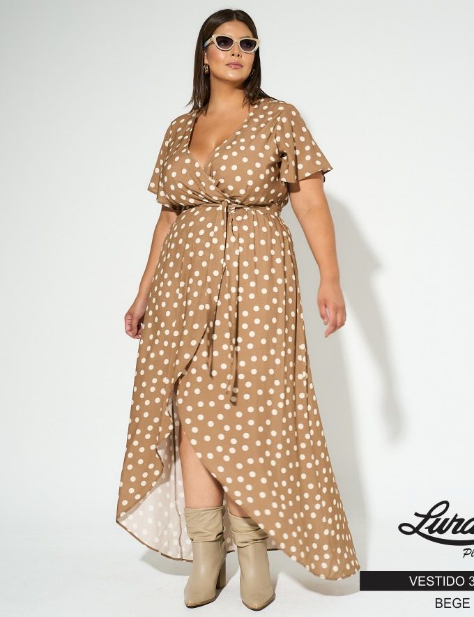 Vestido Longo Plus Size Manga Curta 3200 Bege - 50
