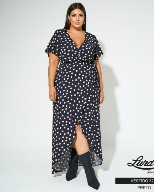 Vestido Longo Plus Size Manga Curta 3200 Preto - 48