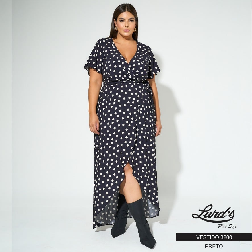 Vestido Longo Plus Size Manga Curta 3200 Preto - 48