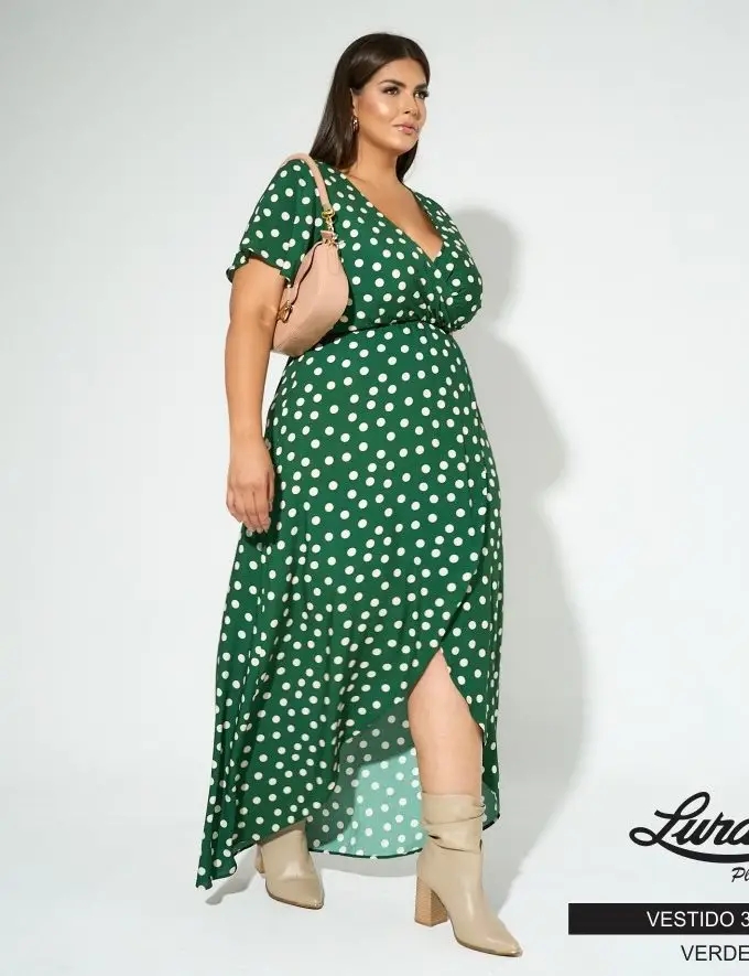 Vestido Longo Plus Size Manga Curta 3200 Verde - 54