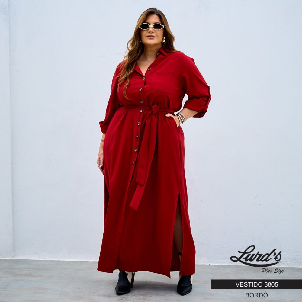 Vestido Longo Plus Size Manga Longa 3805 Bordô - 48