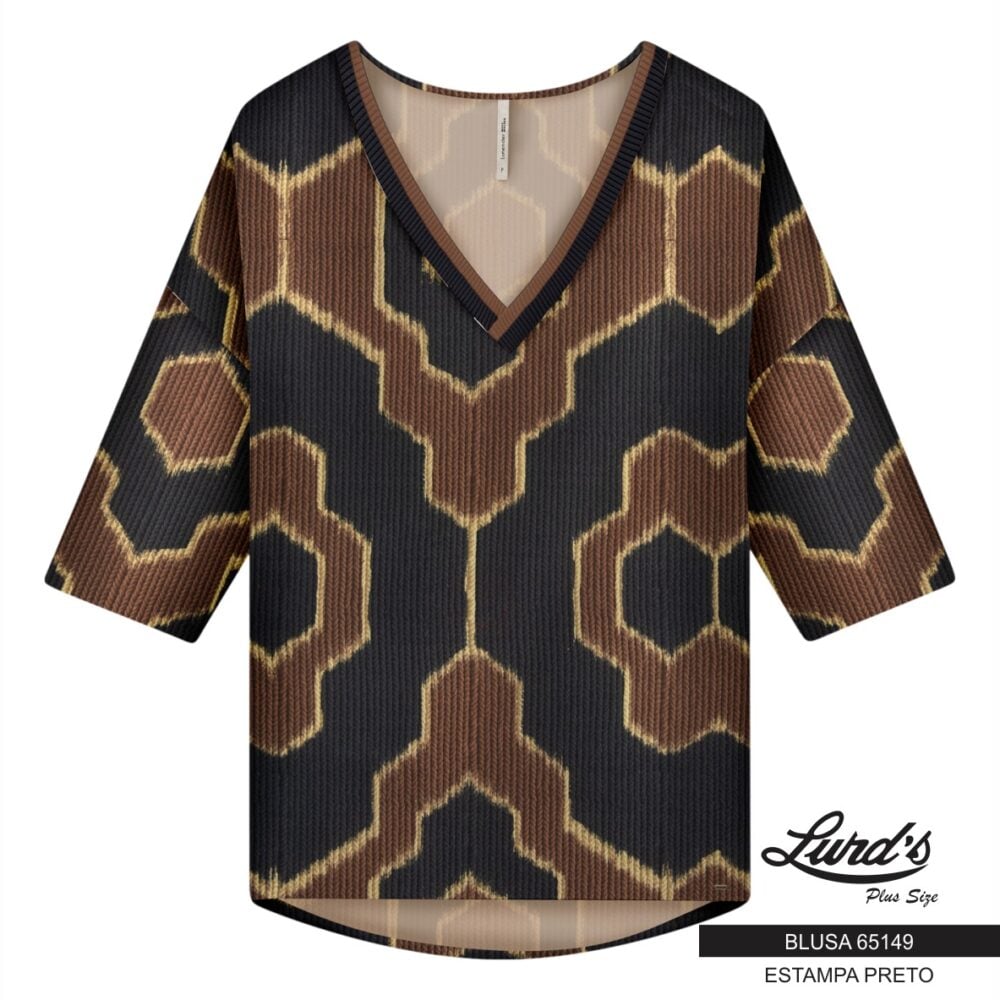Blusa Feminina Plus Size Manga Curta 65149 Estampa Preto - 46 48