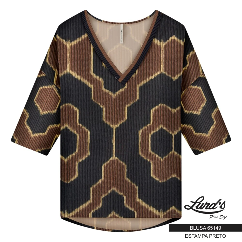 Blusa Feminina Plus Size Manga Curta 65149 Estampa Preto - 54