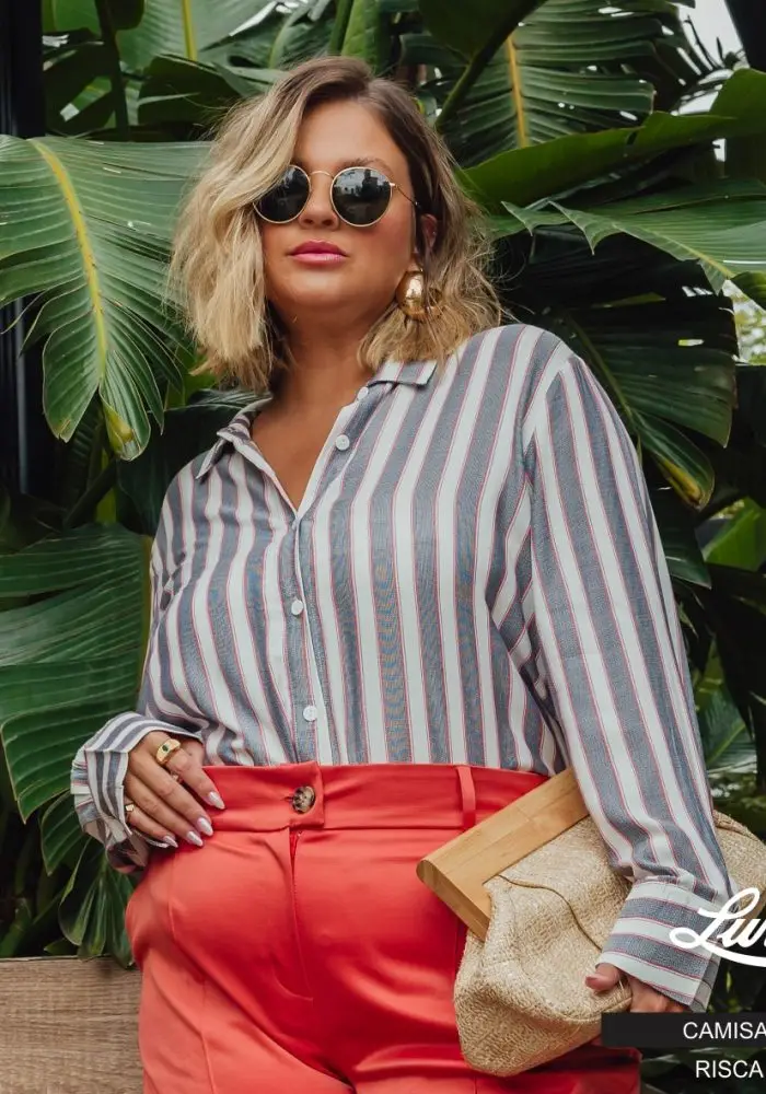 Camisa Feminina Plus Size Manga Longa 700664 Lista Cinza - 46