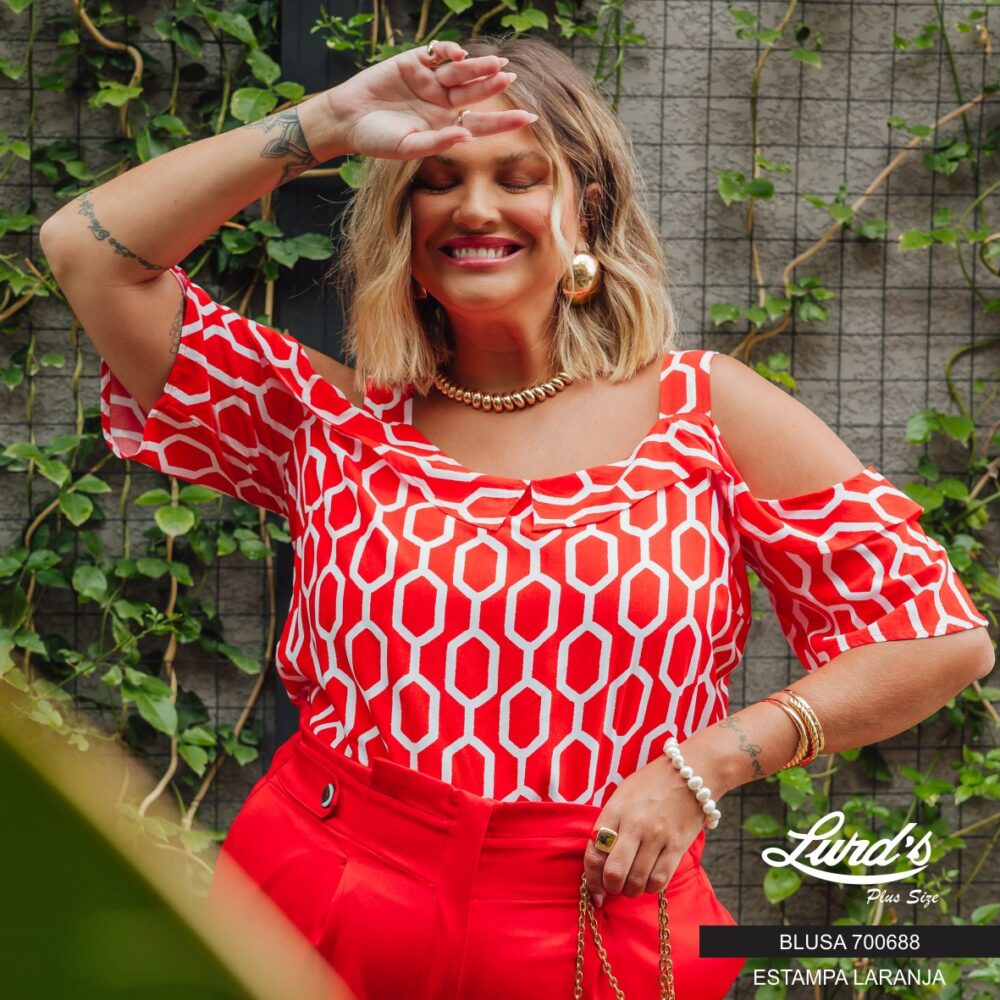 Blusa Feminina Plus Size Manga Curta Ref 700688 Estampa Laranja - 46