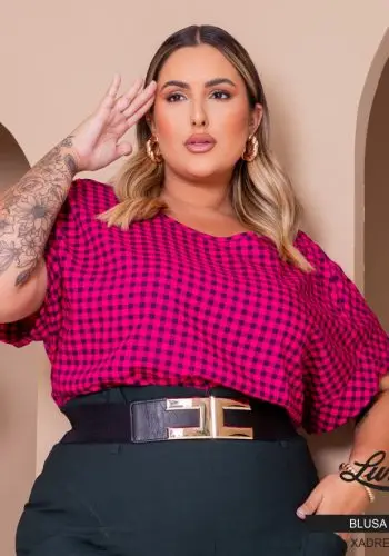 Blusa Feminina Plus Size Manga Curta 700717 Xadrez Pink - 50