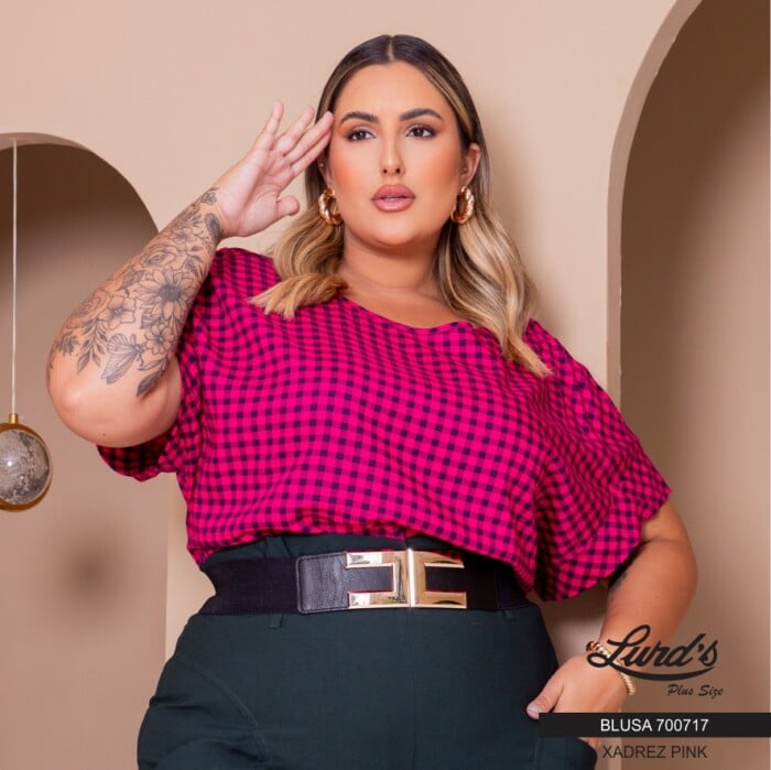 Blusa Feminina Plus Size Manga Curta 700717 Xadrez Pink - 48