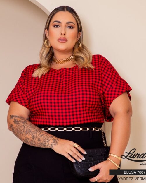 Blusa Feminina Plus Size Manga Curta 700717 Xadrez Vermelho - 48