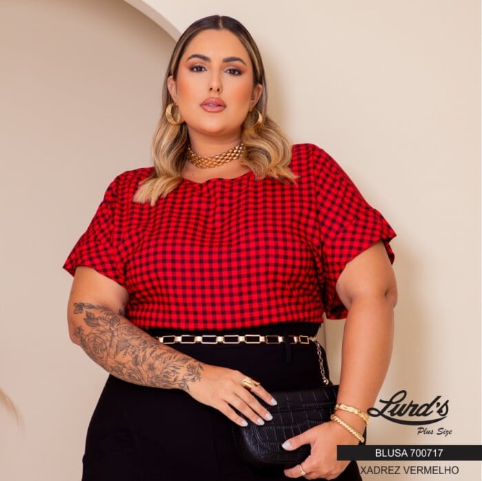Blusa Feminina Plus Size Manga Curta 700717 Xadrez Vermelho - 50