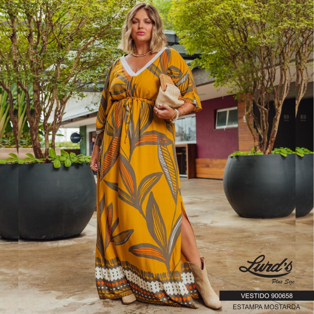 Vestido Longo Plus Size Manga Curta 900658 Estampa Mostarda - 48