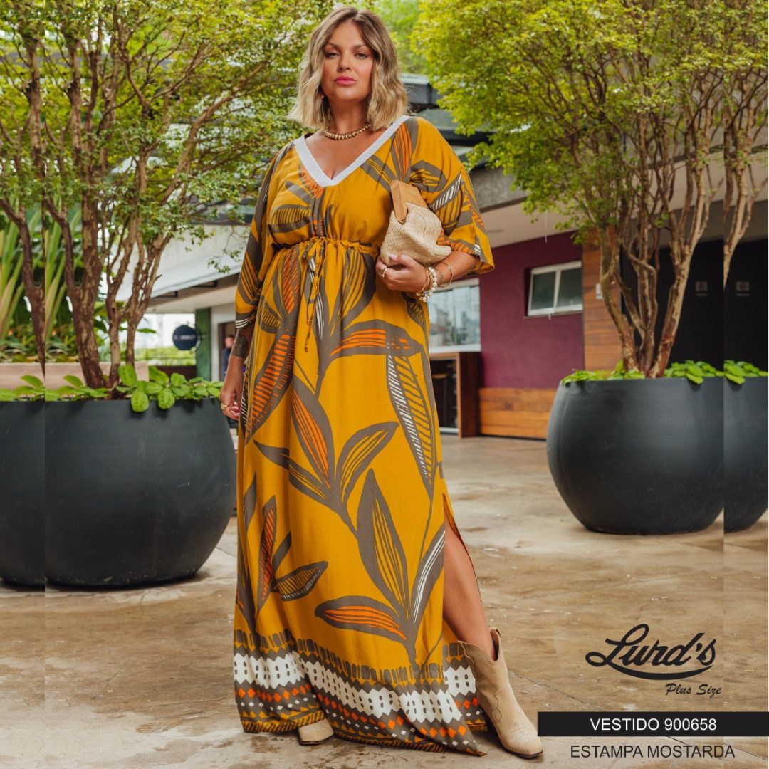 Vestido Longo Plus Size Manga Curta 900658 Estampa Mostarda - 46