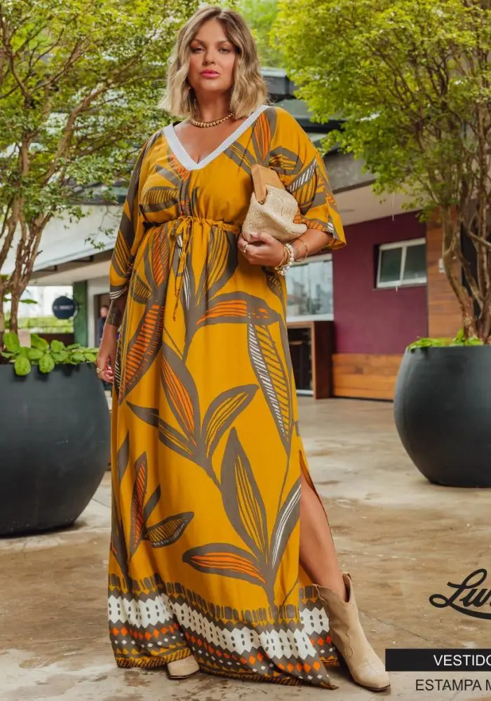 Vestido Longo Plus Size Manga Curta 900658 Estampa Mostarda - 46