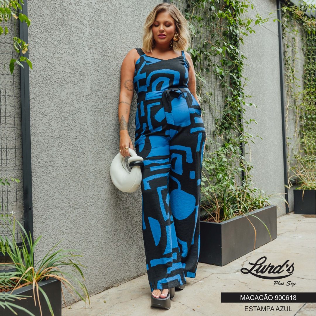 Macacão Longo Feminino Plus Size Sem Manga 900618 Estampa Azul - 52