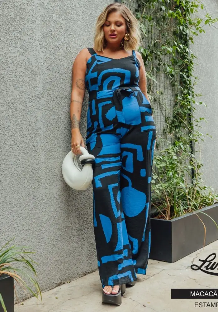 Macacão Longo Feminino Plus Size Sem Manga 900618 Estampa Azul - 48