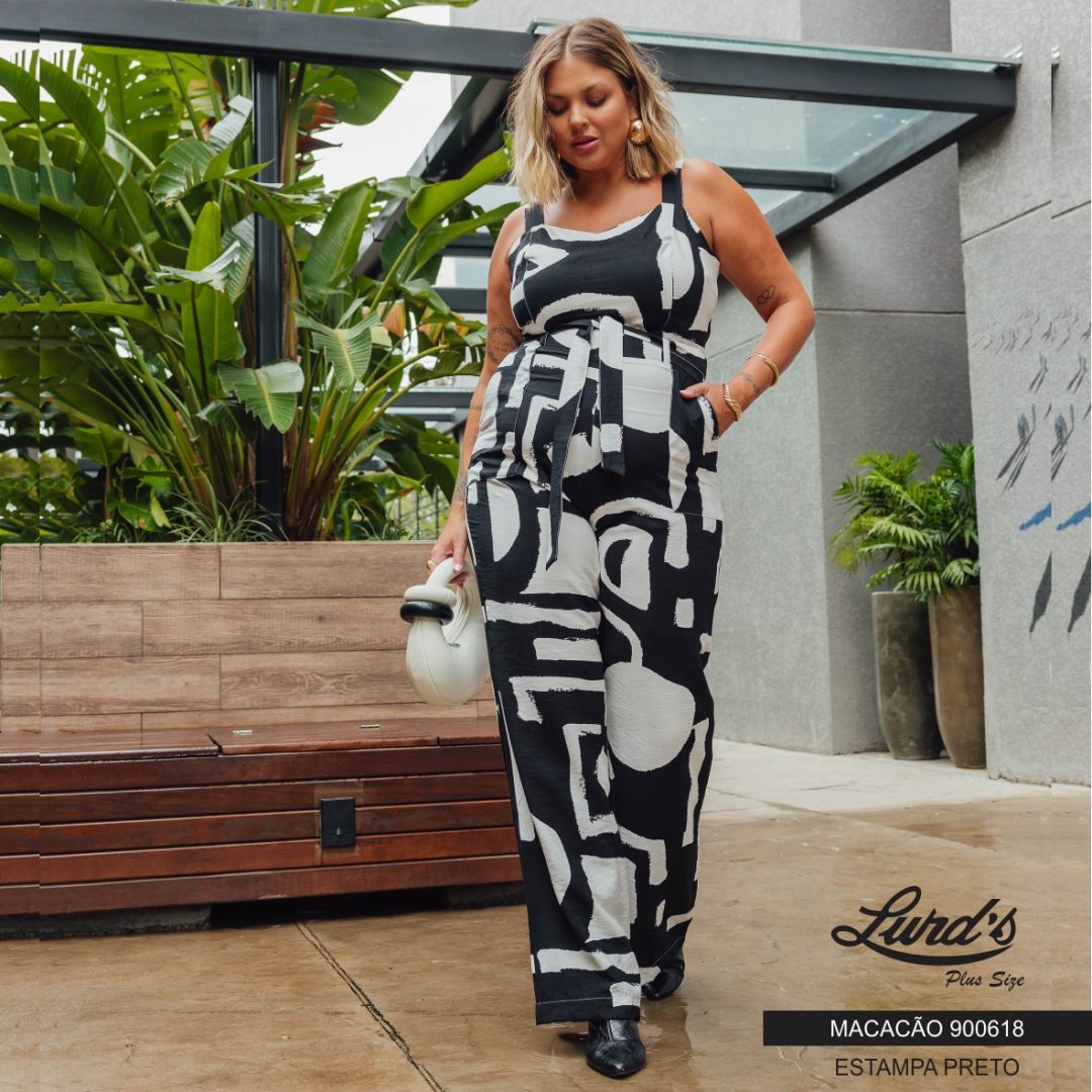 Macacão Longo Feminino Plus Size Sem Manga 900618 Estampa Preto - 46
