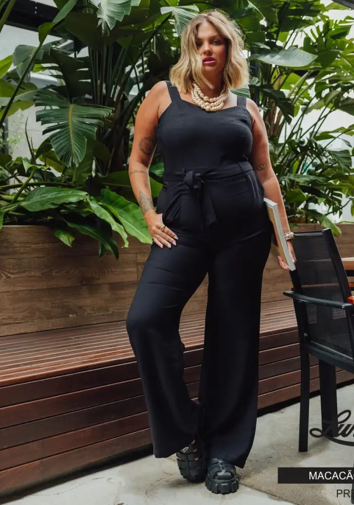 Macacão Longo Feminino Plus Size Sem Manga 900618 Preto - 48