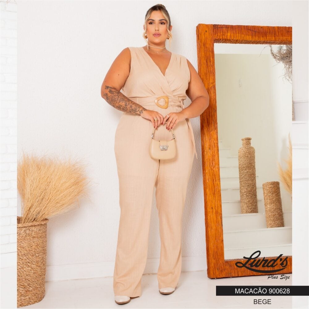 Macacão Longo Feminino Plus Size Sem Manga 900628 Bege - 52