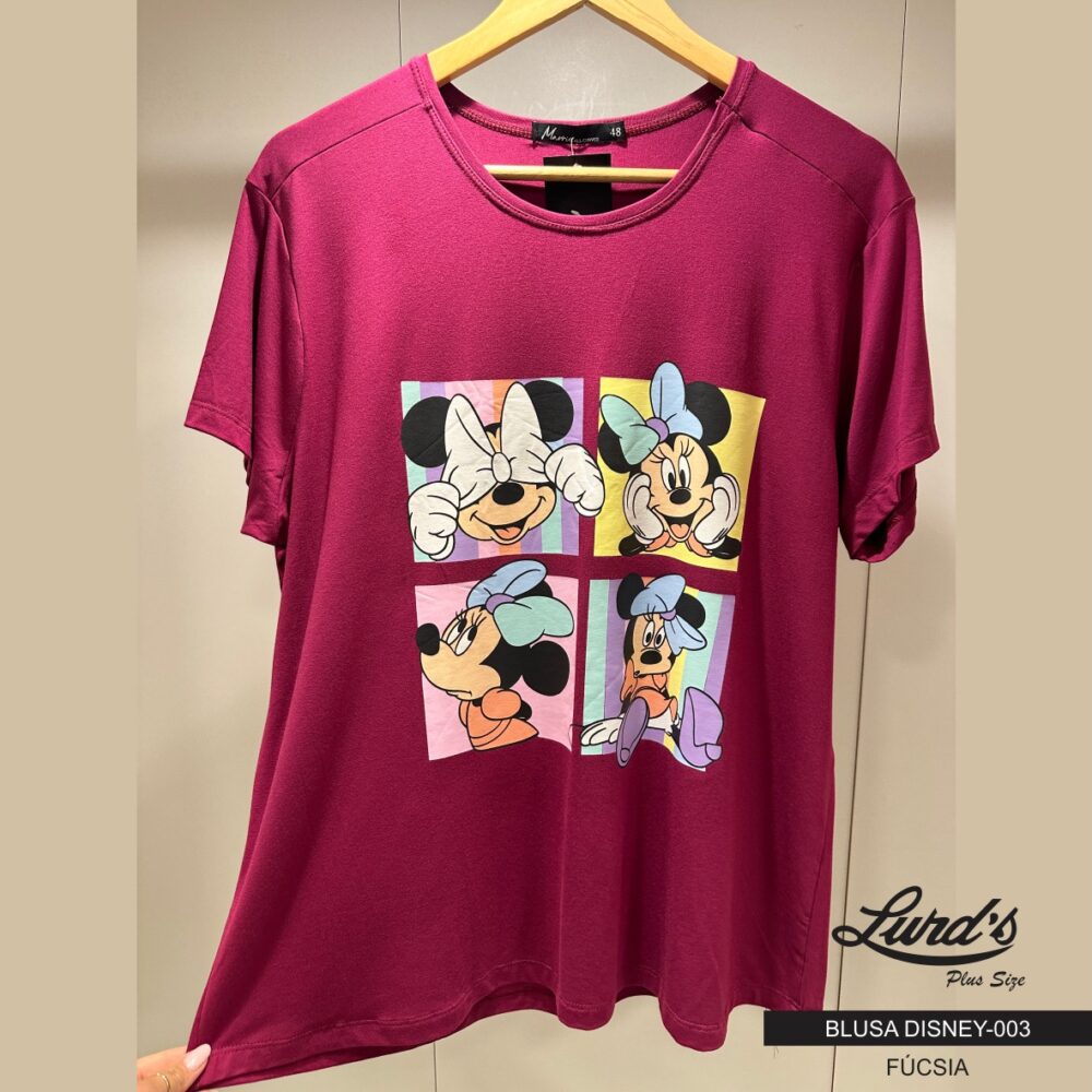 Blusa T-shirt Feminina Plus Size Viscolycra Manga Curta DISNEY-003 Marrie Fúcsia - 46
