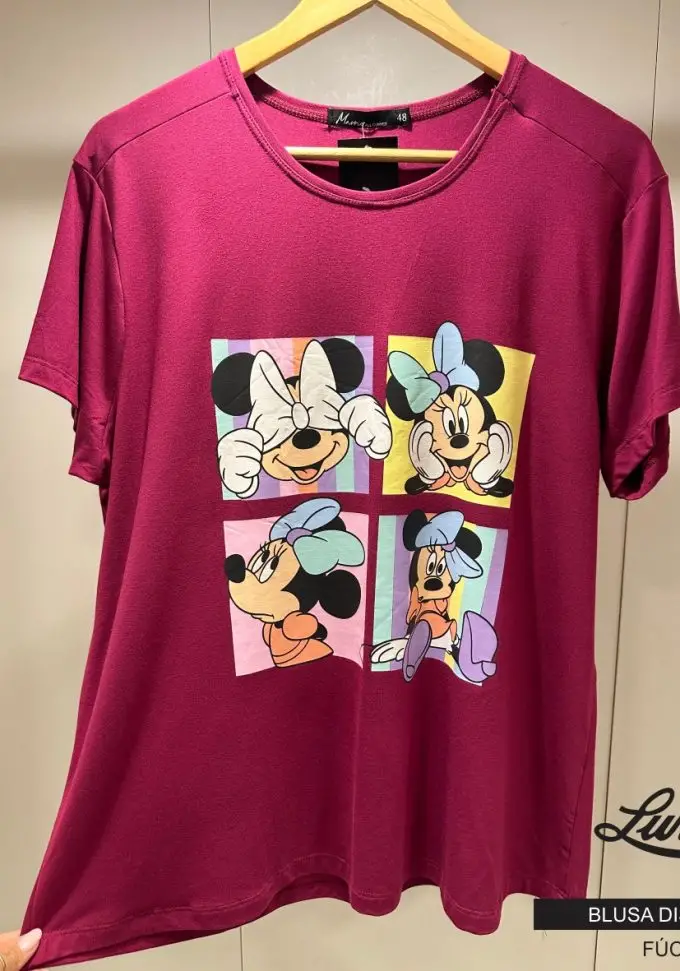Blusa T-shirt Feminina Plus Size Viscolycra Manga Curta DISNEY-003 Marrie Fúcsia - 50