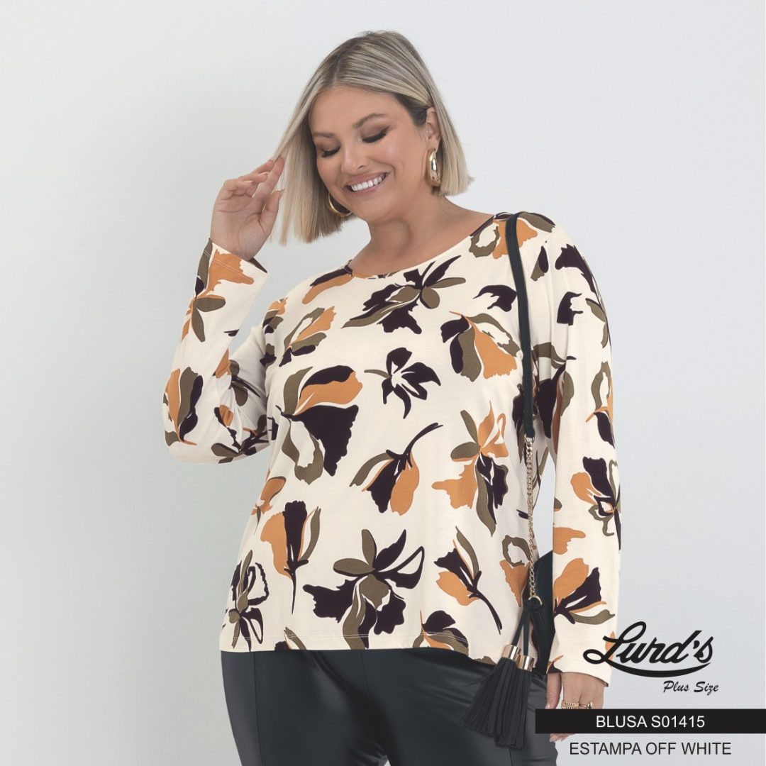 Blusa Feminina Plus Size Manga Longa S01415 Estampa Off White - 46 48