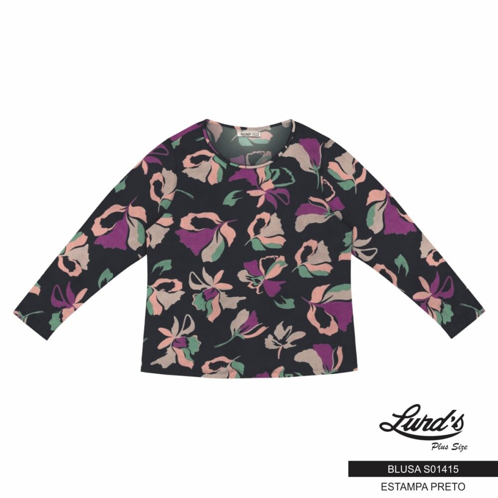 Blusa Feminina Plus Size Manga Longa S01415 Estampa Preto - 46 48