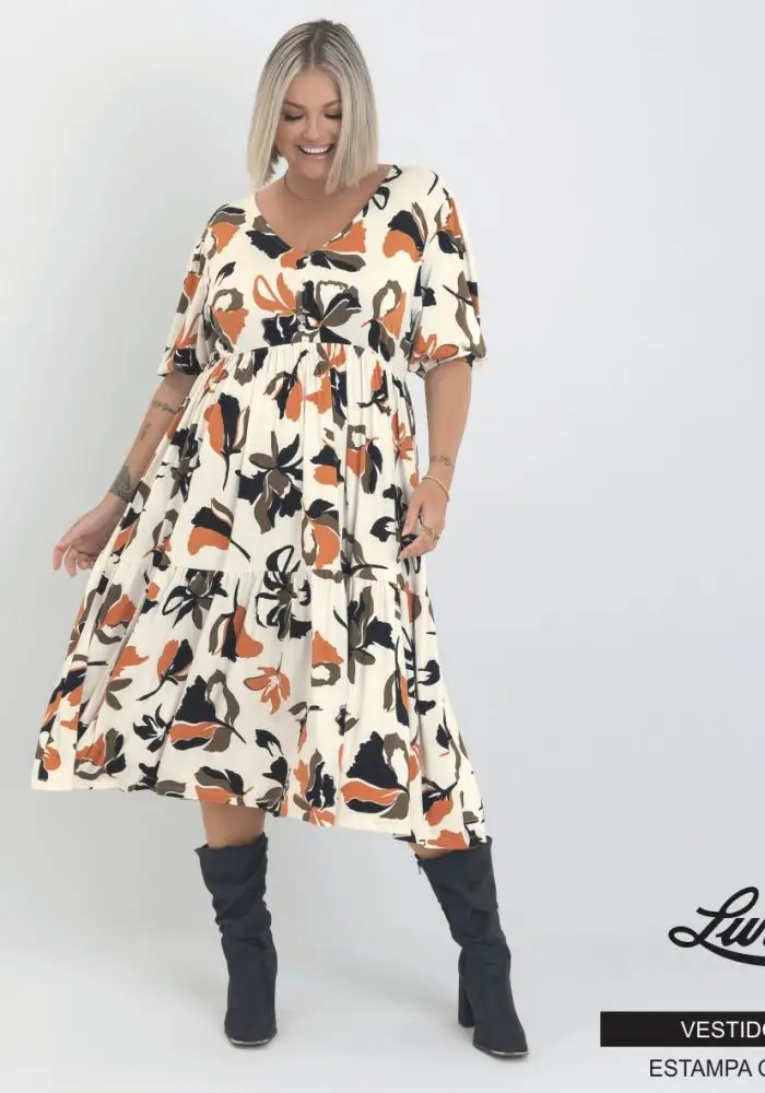 Vestido Mid Plus Size Manga Curta S1413 Estampa Off White - 54