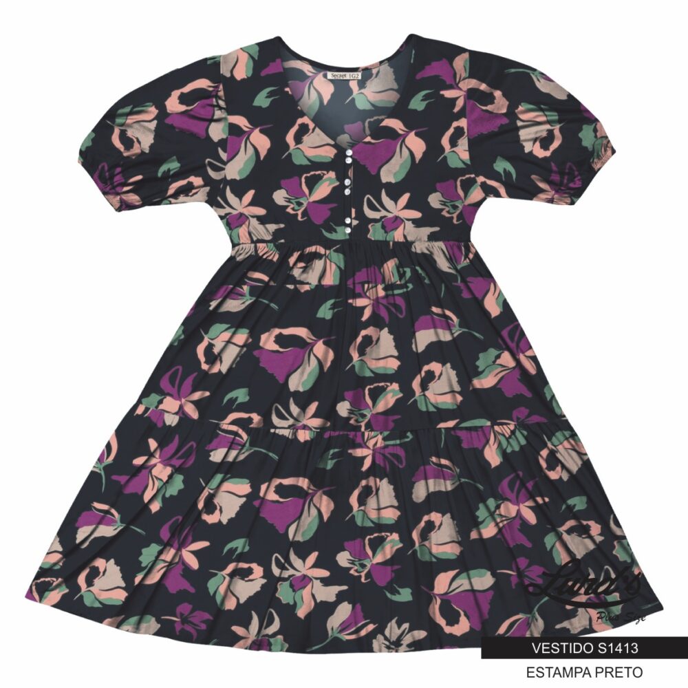 Vestido Mid Plus Size Manga Curta S1413 Estampa Preto - 50