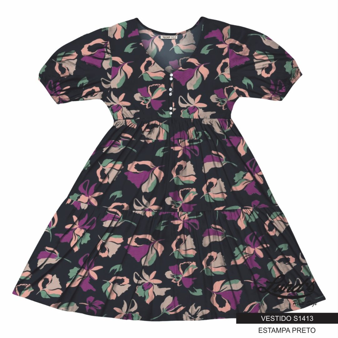 Vestido Mid Plus Size Manga Curta S1413 Estampa Preto - 46 48