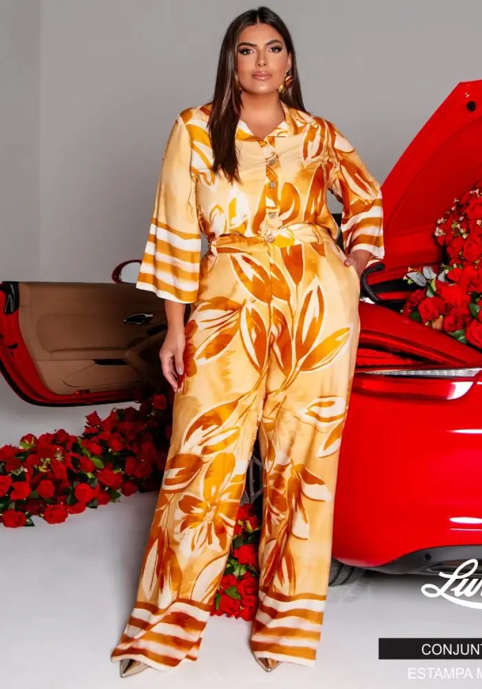 Conjunto Feminino Plus Size Camisa + Calça 11928 Estampa Mostarda - 48