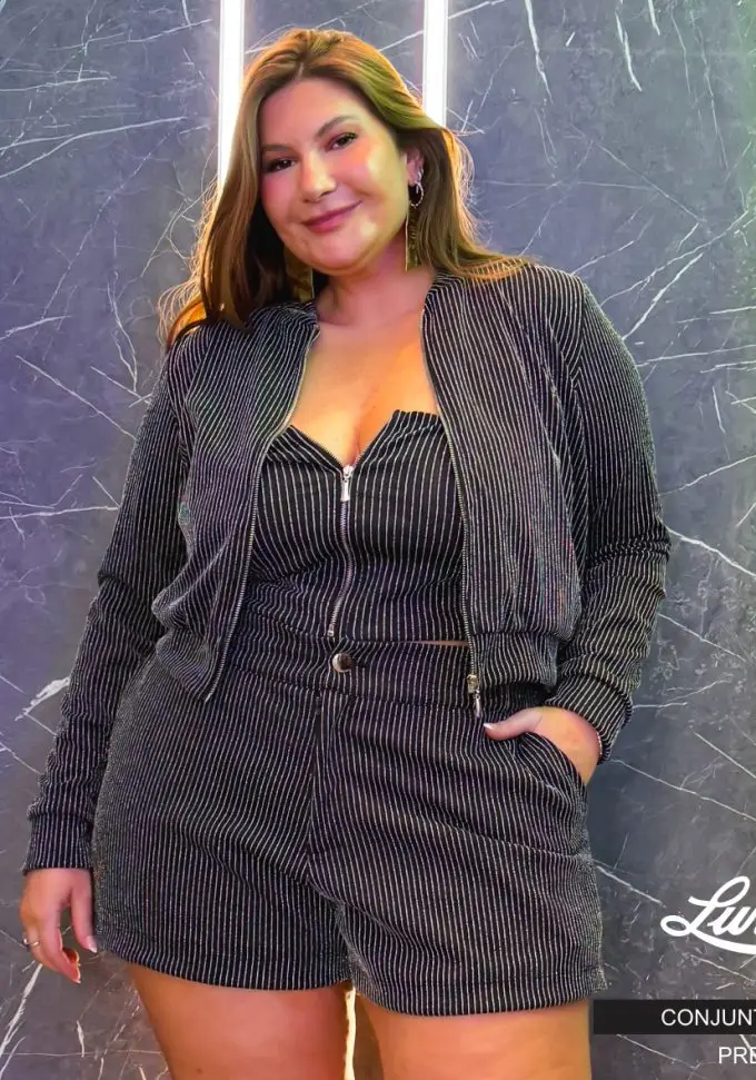 Trijunto Feminino Plus Size Casaco + Shorts + Top 12022 Preto  - 50