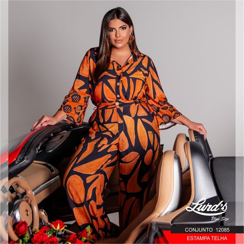 Conjunto Feminino Plus Size Blusa Manga Longa + Calça 12085 Estampa Telha - 48
