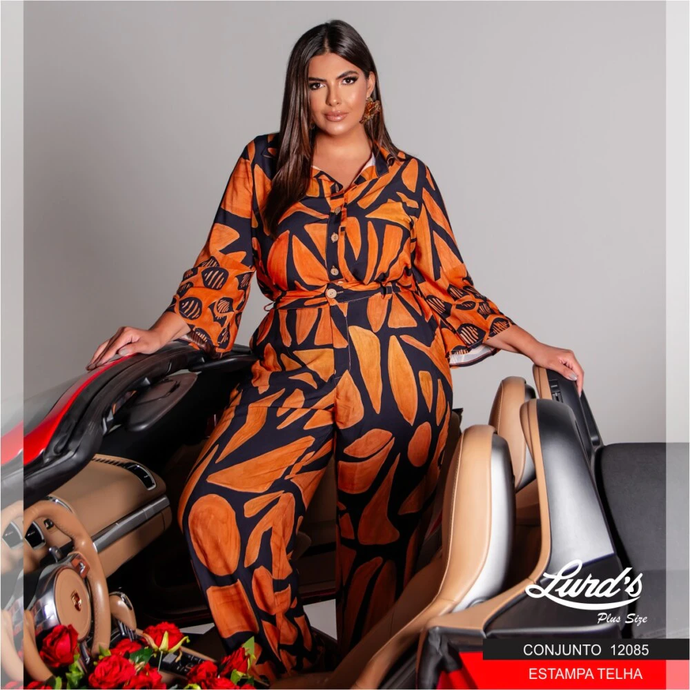 Conjunto Feminino Plus Size Blusa Manga Longa + Calça 12085 Estampa Telha