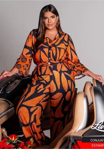 Conjunto Feminino Plus Size Blusa Manga Longa + Calça 12085 Estampa Telha