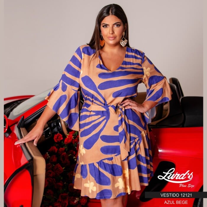 Vestido Plus Size Manga Longa 12121 Azul Bege - 52