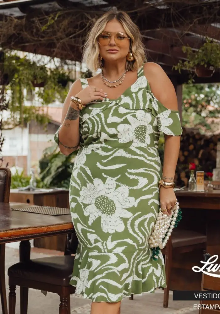 Vestido Plus Size Manga Curta 900676 Estampa Verde
