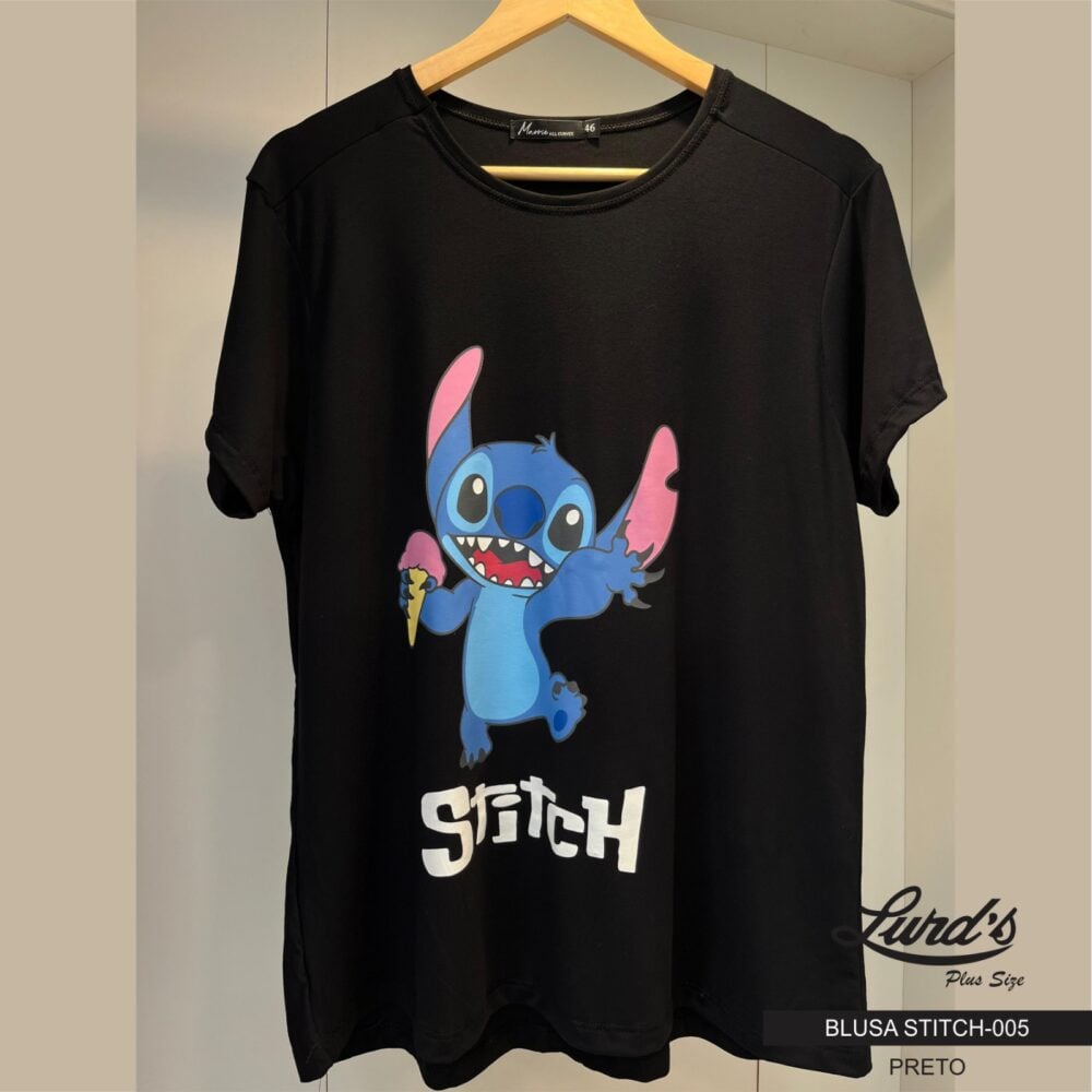 T-Shirt Feminina Plus Size Manga Curta STITCH-005 Preto - 48