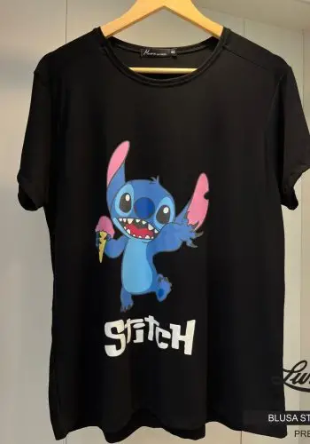 Blusa T-Shirt Feminina Plus Size Manga Curta STITCH-005 Preto - 56