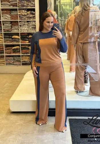 Conjunto Feminino Plus Size Blusa Manga Longa + Calça Ref 12150 Marinho Caramelo