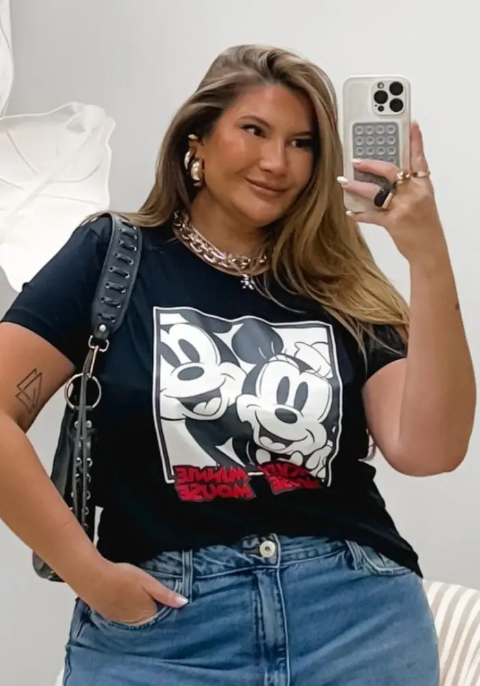 Blusa T-Shirt Feminina Plus Size Manga Curta DISNEY-016 Marrie Preto - 56