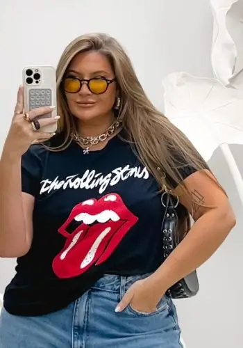Blusa T-Shirt Feminina Plus Size Manga Curta Rolling Stones Preto